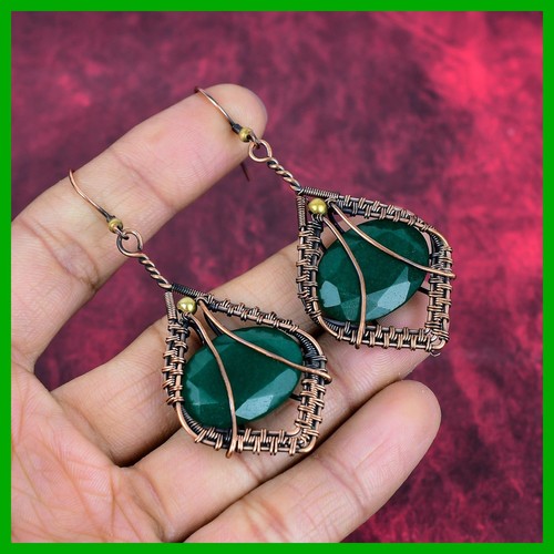 Copper Zambian Emrald Gemstone Birthday Unique Wire Wrapped Dangle Drop Earrings - Picture 6 of 11