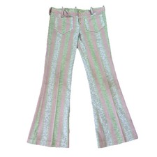 VTG 60  s 70s Bell Bottom Pants Womens 32x31 Low Rise Knit Polyester Pattern