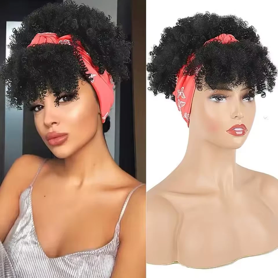 NUEVA Peluca Diadema con Pañuelo Pelo Corto Negro Pelucas Afro Rizadas Negras Mujeres Foto 4 de 4