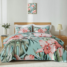 King Quilt Bedding Set,Green Pink Botanical Pattern Sky Blue King/Cal King Quilt