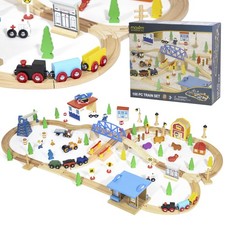 maxim enterprise, inc. 100 Pc Wooden Train Set, Wood Tracks, Bridges, 2 Train...