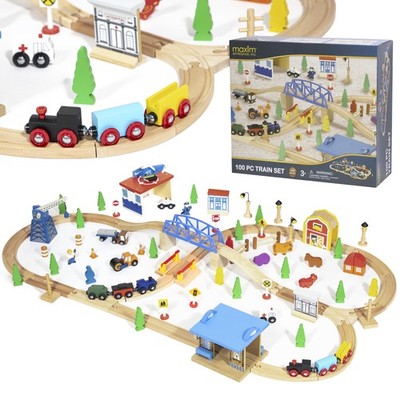 maxim enterprise, inc. 100 Pc Wooden Train Set, Wood Tracks, Bridges, 2 Train...