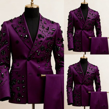 Prom Banquet Men's Suit Purple Outfits Luxury Rhinestone 2Pcs Evening Jacket