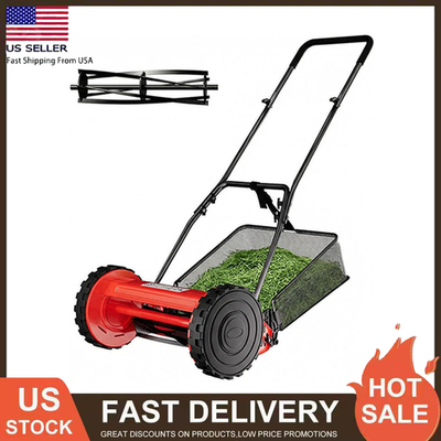 #ad #ad 14#x27; Manual Push Reel Lawn Mower 5 Blade Adjustable Height Grass Catcher 2 Wheels $58.89