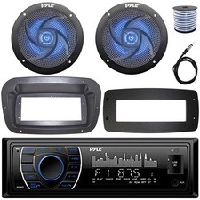 Pyle 1-DIN Marine Receiver W/Install Kit  Adapter Plate, 2x 5.25" LED Speakers