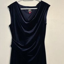 Vince Camuto Women’s Navy Velvet Dress Draped Neckline Size 12 Ruched Waist