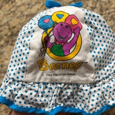 Vintage 1993 Barney the Dinosaur Sun Hat Kids Blue Polka Dot Cotton Bucket Hat