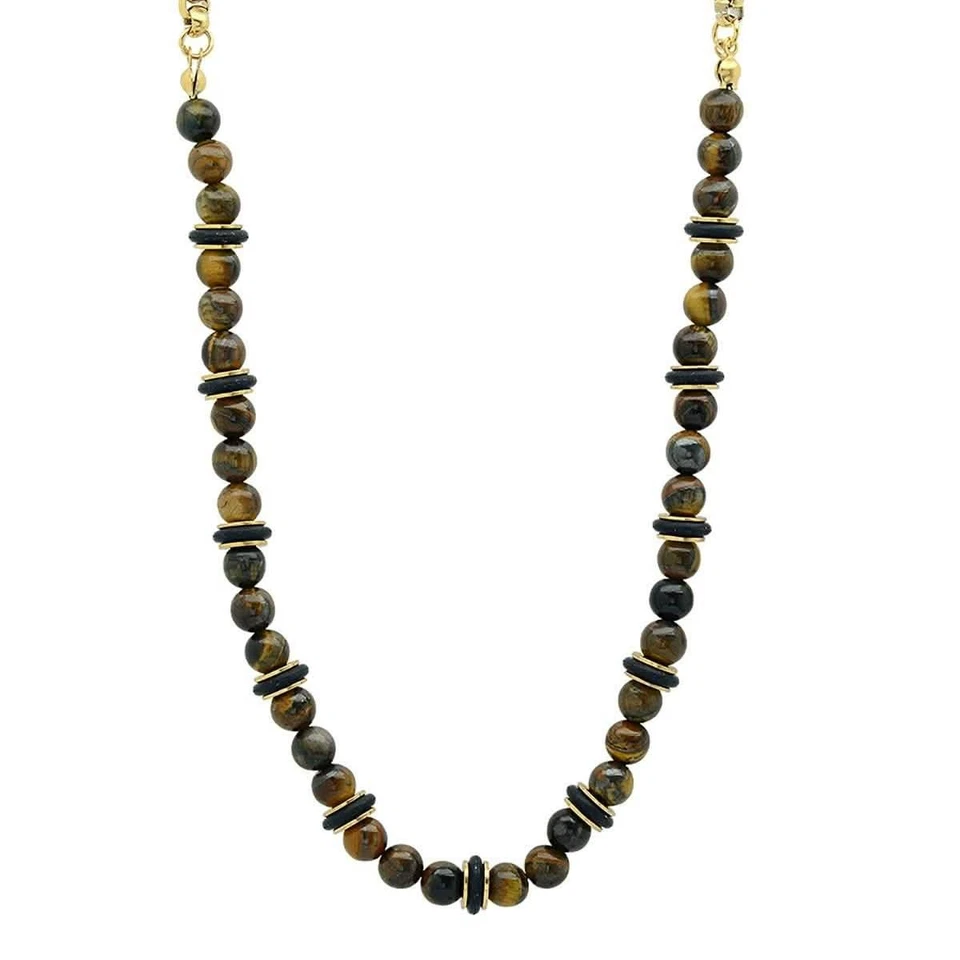 Collar de cadena de caja enchapado en oro de 18 quilates con ojo de tigre, goma negra y para hombre Foto 2 de 3