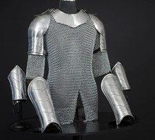 Men's Medieval Knight Armor Set: Steel Gorget Pauldron, Chainmail Shirt, LARP