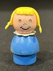 Vintage Original Fisher Price Little People Blue Wooden Base Blond Pigtails