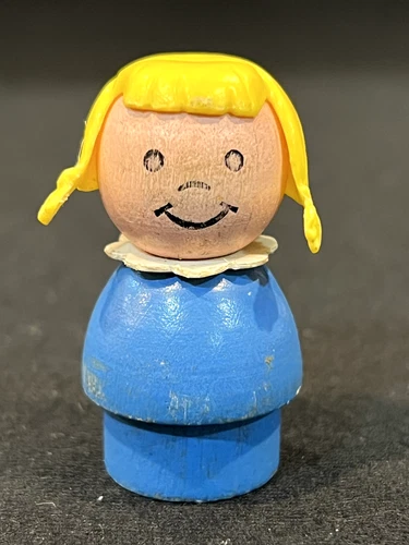 Vintage Original Fisher Price Little People Blue Wooden Base Blond Pigtails