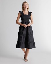 Quince Women 100% Organic Cotton Poplin Smocked Midi Dress Black XS