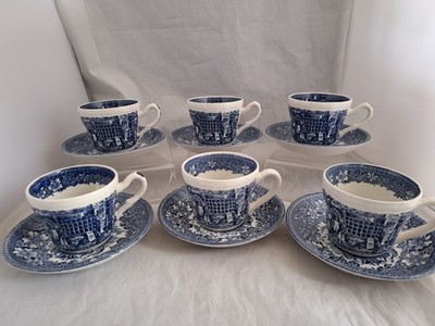 6 x Vintage Royal Tudor Ware ''Coaching Taverns'' blau & weiß Tassen & Untertassen
