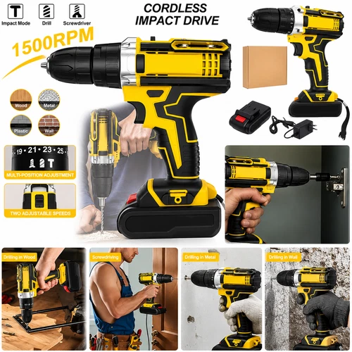 21V Cordless Drill Driver Set Rechargeable Electric Power Tool Kit w/ 2 Batterie