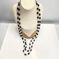 Vintage 90s Black&Clear Glass Bead Flapper Necklace Boho Layering Jewelry Retro