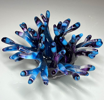 Murano Art Glass Coral Figurine Blue Purple Glossy Signed MC Handmade 2007