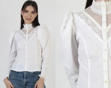Vintage Gunne Sax Blouse White Victorian Edwardian Lace Top Prairie Boho Tunic