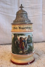 Bierkrug mit Zinndeckel 0,5l, farbiges Trompetermotiv