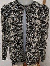 Vtg Papell Boutique Silk Evening Beaded Sequin Jacket Size L Black Silver C -1
