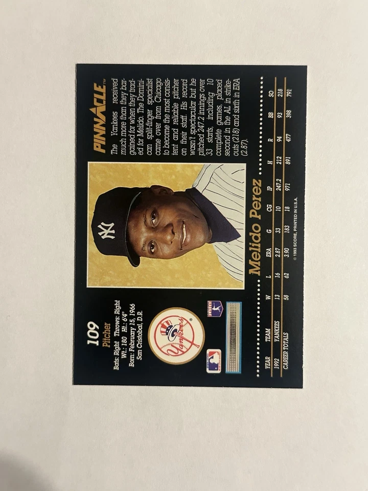 1993 Pinnacle - Melido Perez #109 - Image 2 of 3
