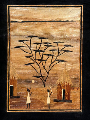 #ad #ad AFRICAN VILLAGE HUTS 2 FIGURES AND MOON STRAW FRUIT LEAF amp; WOOD FIBER PAINTING $30.00