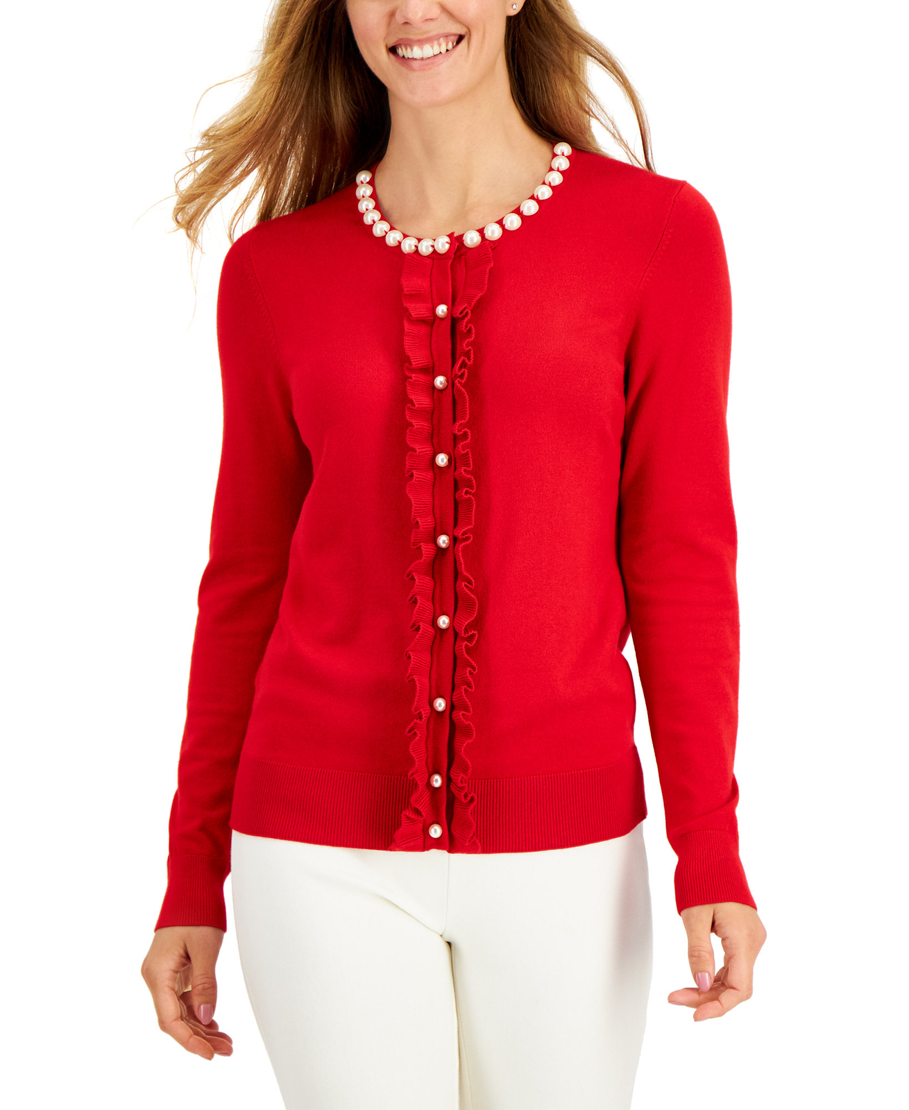Charter Club Women's Ruffled-Front Cardigan (Medium, Ravishing Red Combo)