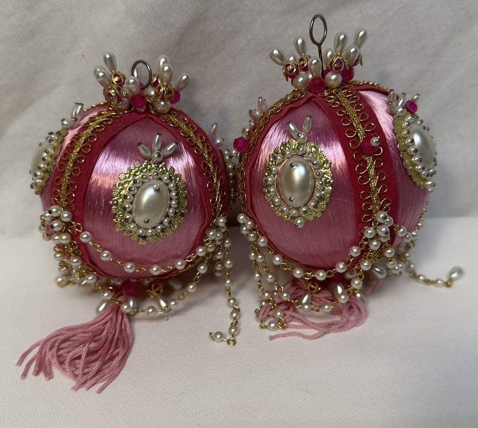 12 Vintage Christmas Ornaments Handmade Push Pins Beads Sequins Balls