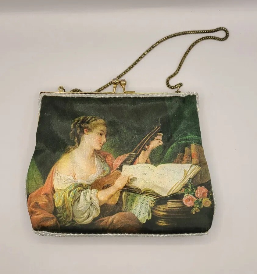 1960s party purse art lovers bag classic painting of girl with mandolin 