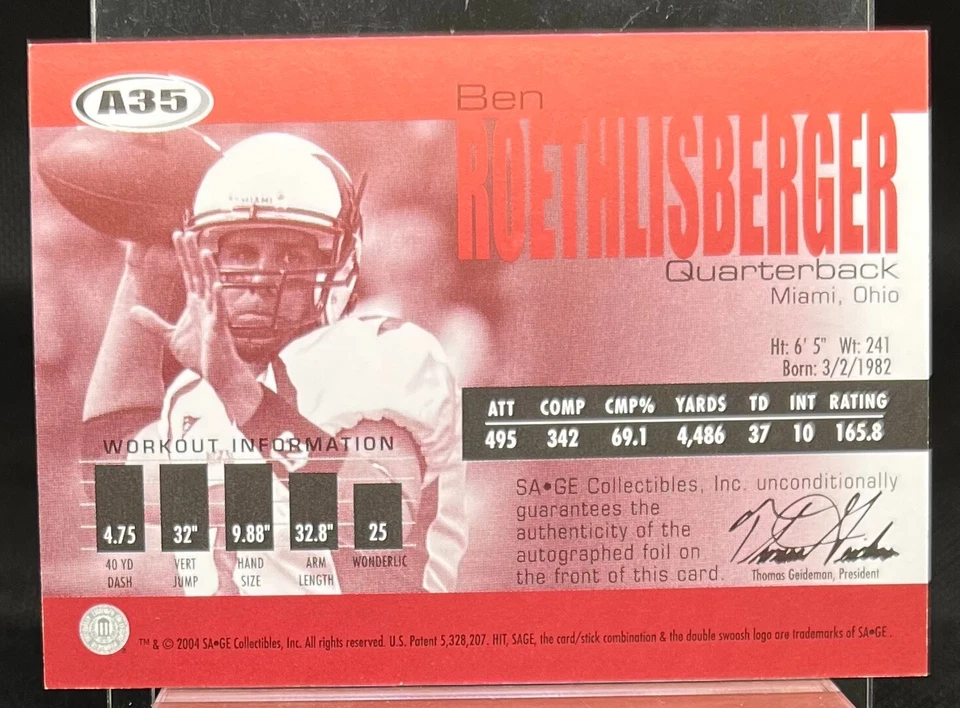 🏈Ben Roethlisberger 2004 Sage Football✏️ Auto 050/300 Autographed; - Image 2 of 2