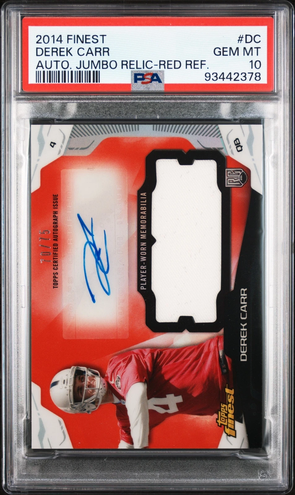 Derek Carr Finest Autograph Jumbo Relic Refractor #DC Red Refractor