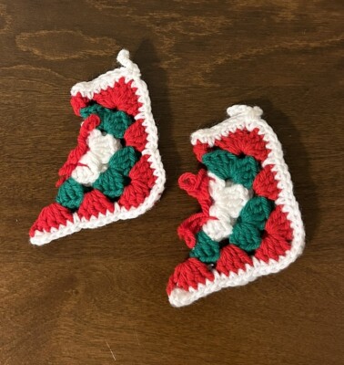 (2) VTG Small Handmade Granny Squares 4  Crochet Christmas Stocking Ornaments