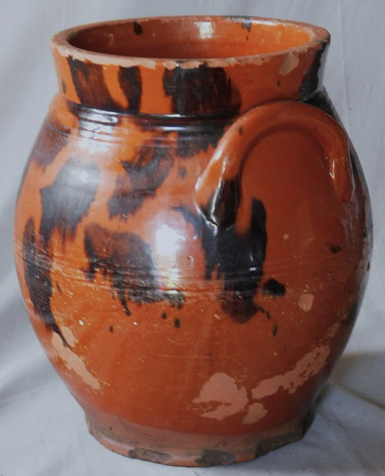 Rare antique redware crock urn manganese splotch  ear handles early 19th century - Image 2 of 4