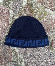 FENDI Hat Beanie Zucca FF Logo Navy Blue Dark Monogram Wool Unisex Mens Womens
