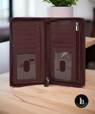 Leatherboss Genuine Leather Checkbook Credit Card Holder Zipper, Brown