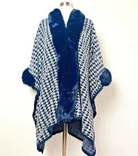 Poncho Cape Shawl Coat Women's Faux Fur Trim Navy White Hounds Tooth Print O/S
