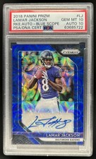 2018 Panini Prizm Lamar Jackson Rookie Auto Blue Scope RC #/15 Ravens PSA 10