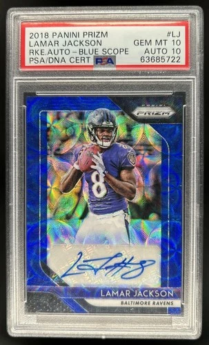 2018 Panini Prizm Lamar Jackson Rookie Auto Blue Scope RC #/15 Ravens PSA 10