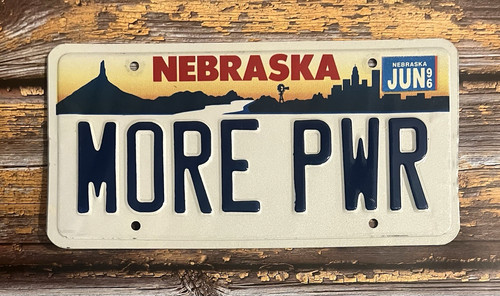 1996 Nebraska Vanity License Plate MORE PWR "MORE POWER"