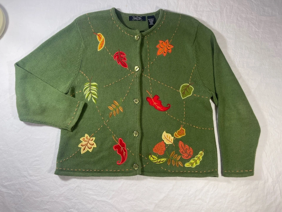 Cárdigan Suéter De Colección Bordado Pequeño XL PXL Hojas Otoño Cosecha Cottagecore Foto 4 de 4