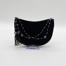 Vintage La Regale Black Velvet Beaded Tassel Crescent Evening Bag Purple Beads