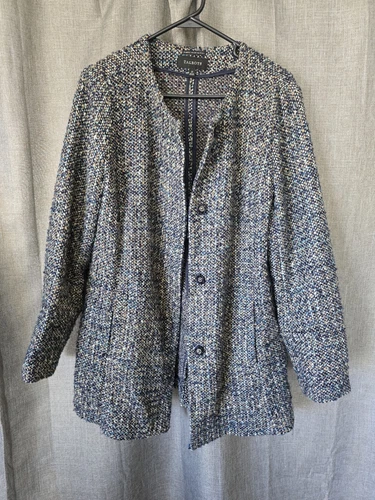 CHANEL Cappotto maglione cardigan Talbots taglia 12 blu navy italiano marrone tweed snap davanti