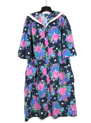 VTG MODELS COAT Blue/Multi FLROAL Snap POCKETS Twill ROBE/HOUSE DRESS/MuuMuu L