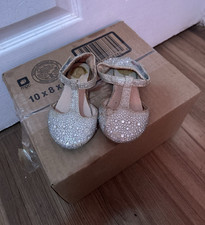 Silver Glitter Rhinestone Mary Jane Flats Hook Loop Closed Toe Girls US 5