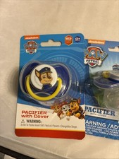 Paw Patrol CHASE Blue White Yellow Pacifier With Cover 0 Months Lot 2