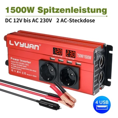 LVYUAN 1500W Peak Spannungswandler 12V auf 230V Inverter Wechselrichter mit 4USB Rot