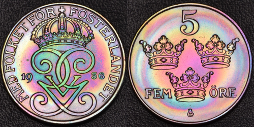 1936 Sweden 5 Ore GORGEOUS RAINBOW TONING (59-65) - Picture 1 of 3