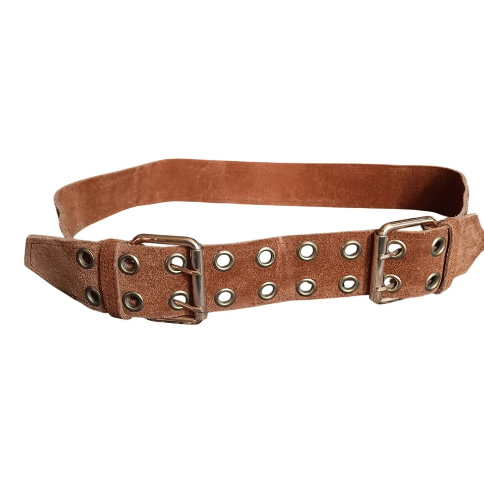 30 32 34 Cinturón Vintage Marrón Años 70 Gamuza Doble Ojal Hebilla Cinturón España Foto 2 de 4