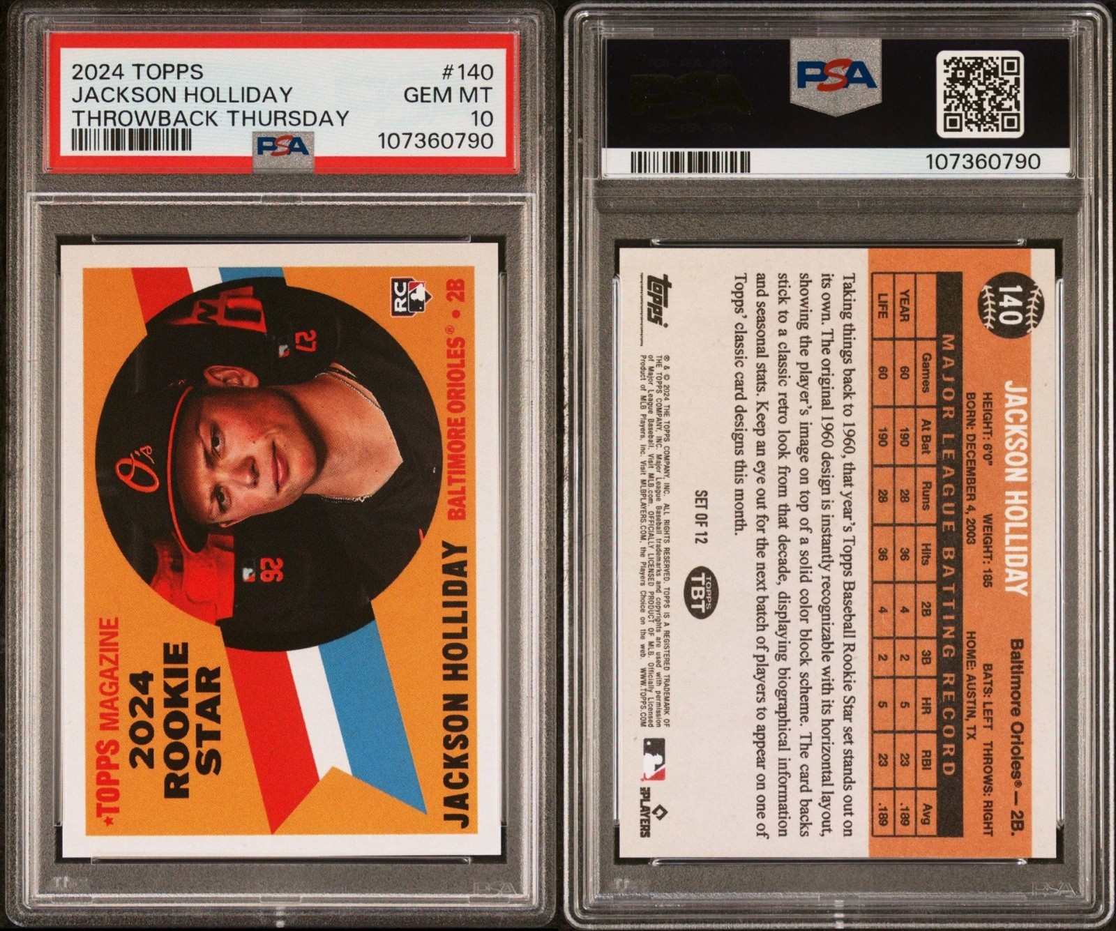 2024 Topps Throwback Thursday Jackson Holliday Rookie RC Black Jersey PSA 10 view 3