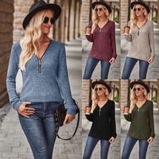 Women Pullover Shirts Zip V Neck RIBBED Knit Top Stretch Blouse Jumper SIZE 8-20