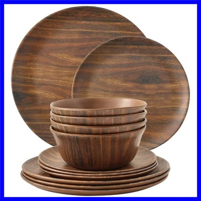 12-Piece Melamine Dinnerware Sets, Plates and Bowls Dishes Set for 4, Break-R...